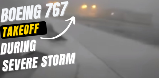Boeing 767 takeoff during a severe storm